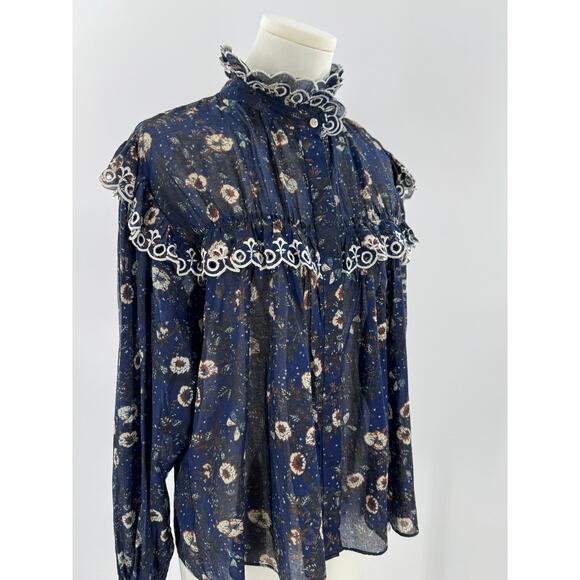 Isabel Marant Etoile Elmira Navy Blue Floral Eyelet Top Long Sleeve Blouse 38 6 - Picture 1 of 9
